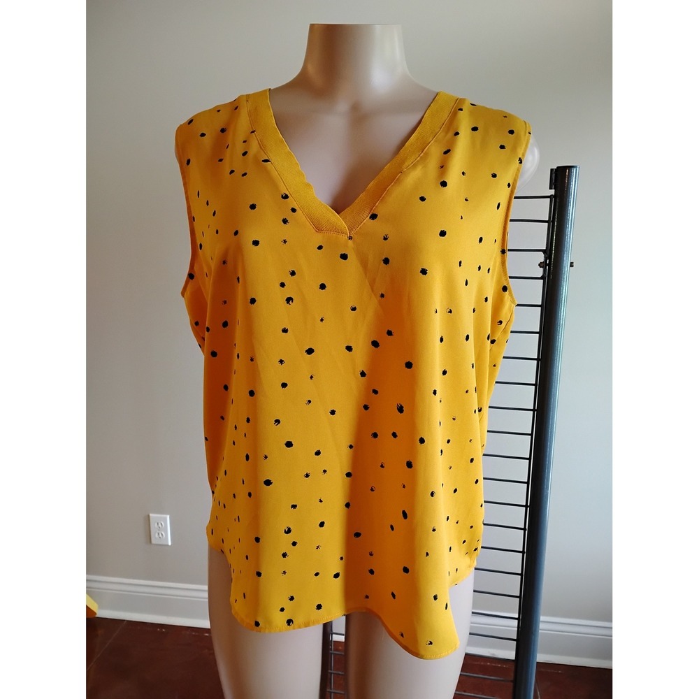 Worthington Womens Yellow‎ Polka Dot V-Neck Sleeveless Blouse Top Mustard Large